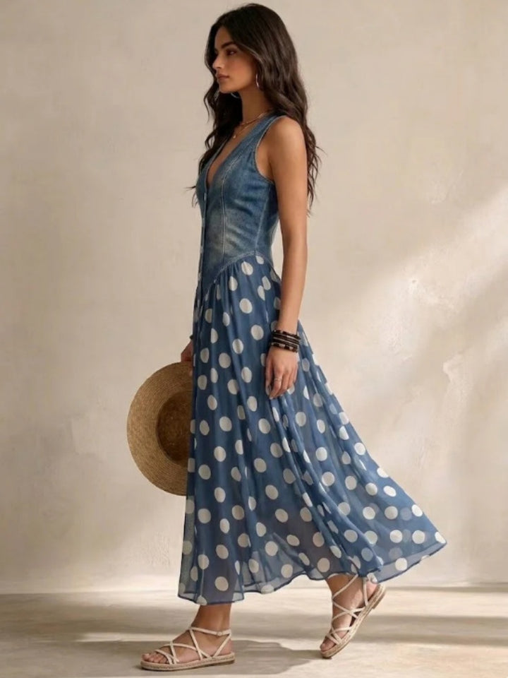 Casual Printed Denim-Look Polka Dot Dress