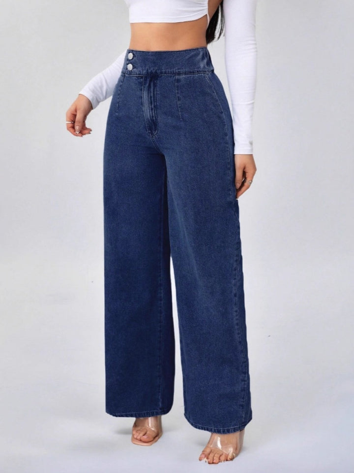 Vintage Button High Waist Wide Leg Denim Jeans