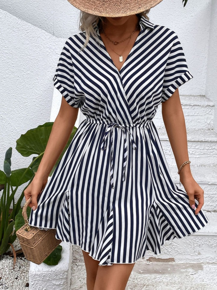 Versatile Drawstring Waist Striped Shirt Dress