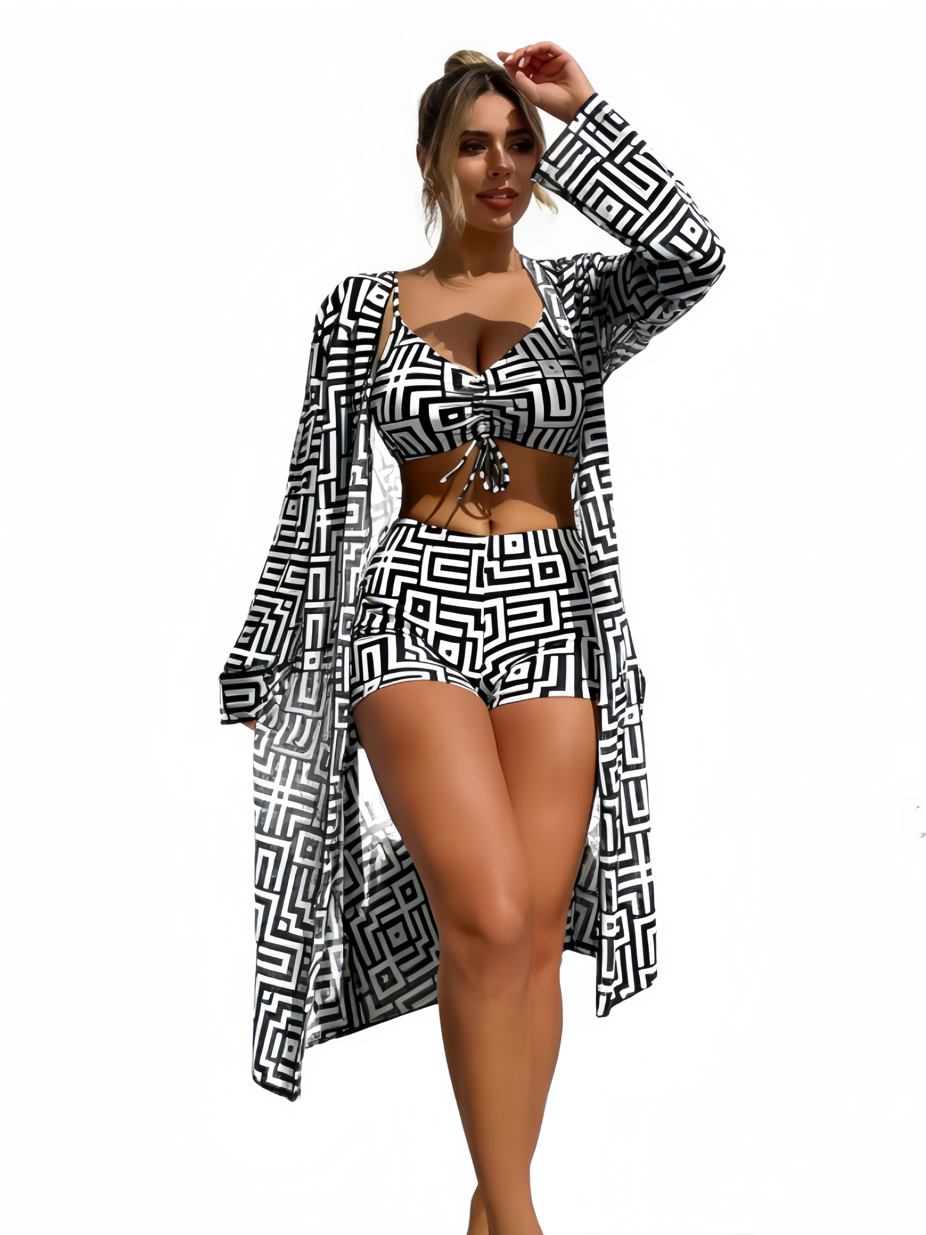 Geometric Print 3-Piece Swimsuit Set – Stylish High-Waist Swimwear with Cover-Up