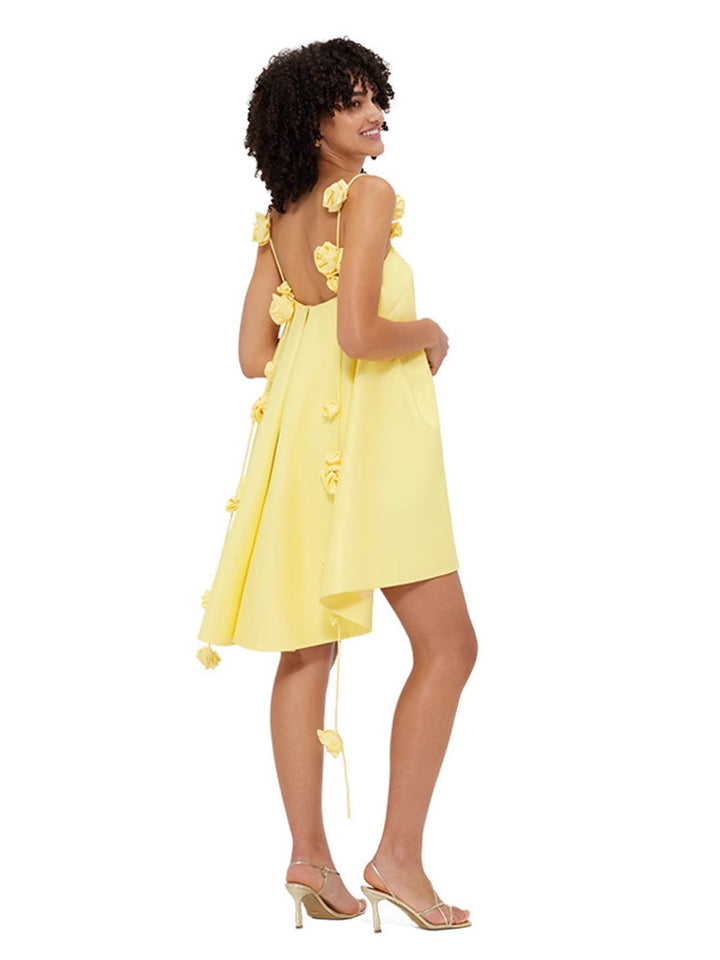 Yellow 3D Flower Appliqué Spaghetti Strap Mini Dress