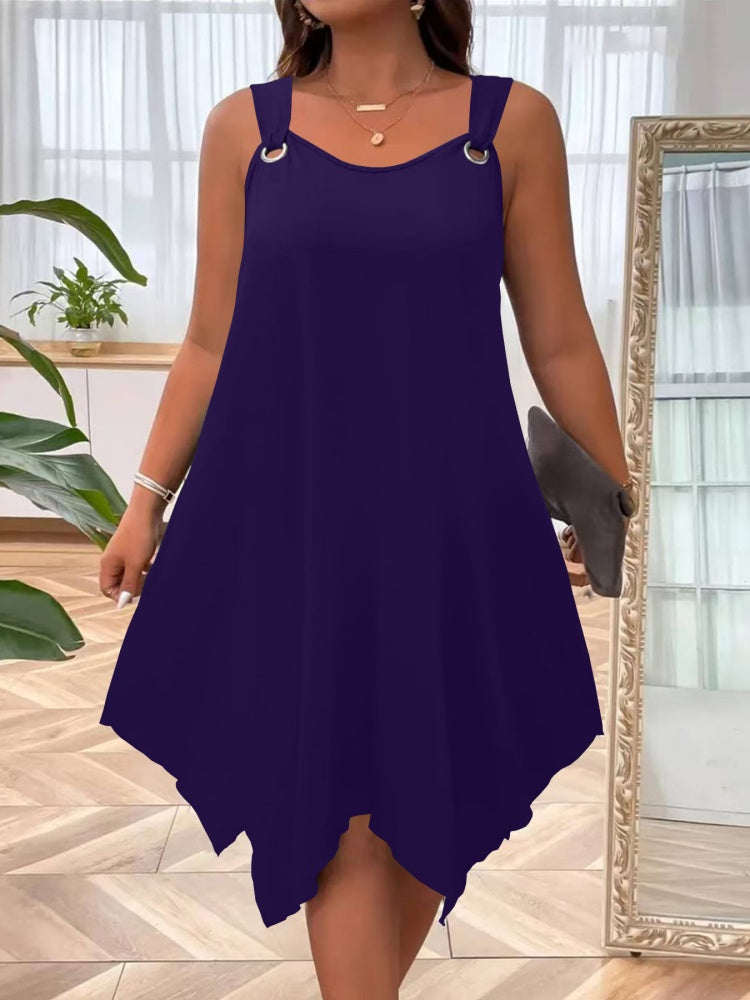 Solid O-Ring Strap Asymmetric Hem Tank Dress