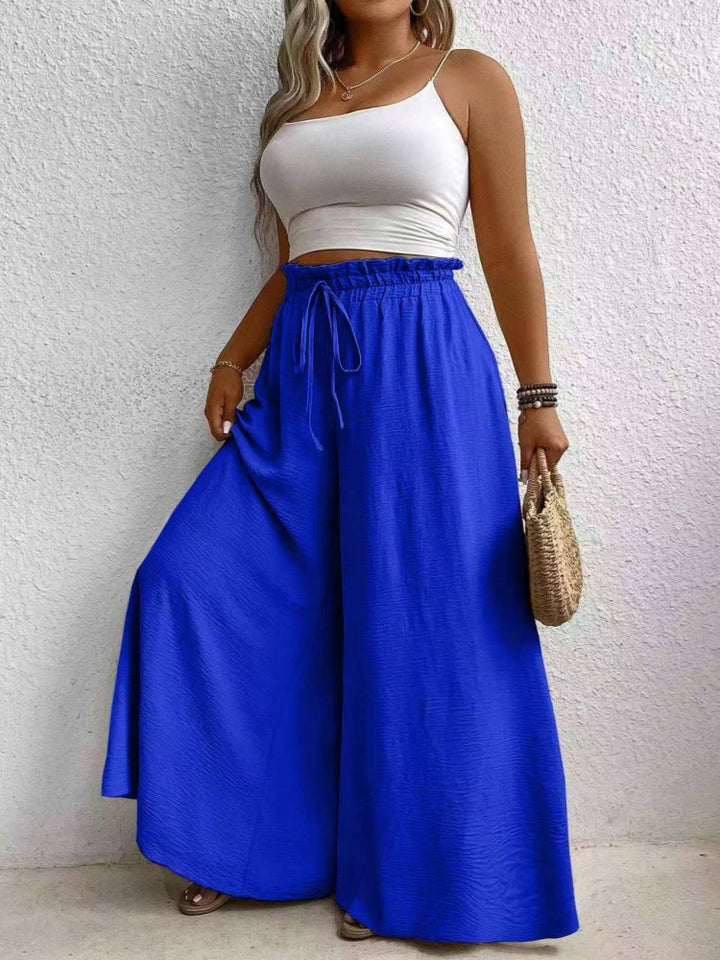 Solid color, loose fit, draped, drawstring wide-leg casual pants