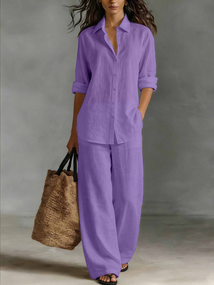 Women Linen Shirt Wide Leg Pants Vacation Two Piece Set