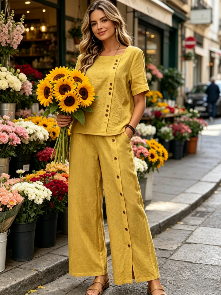 Cotton Linen Two-Piece Set - Button Detail Short Sleeve Top &amp; Wide Leg Pants