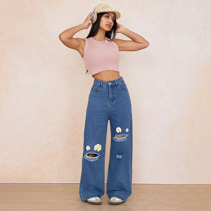 Daisy Embroidered Ripped Wide-Leg Jeans