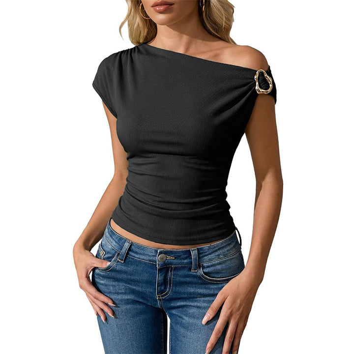 Slim-fit asymmetrical off-shoulder metal buckle T-shirt