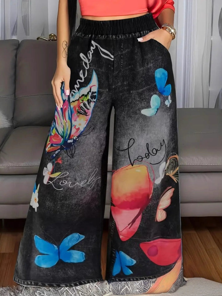 Butterfly Print Wide-Leg Pants | High-Waisted Elastic Waist Casual Trousers