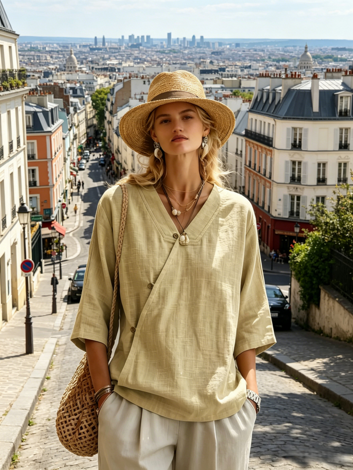 Asymmetric Button Linen Blend Blouse