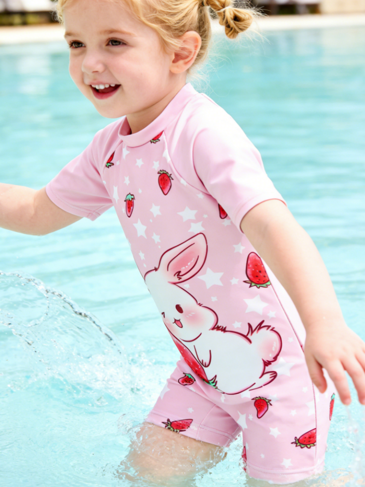 Cute Bunny Kids Swimsuit Set – One-Piece Rash Guard with Cap