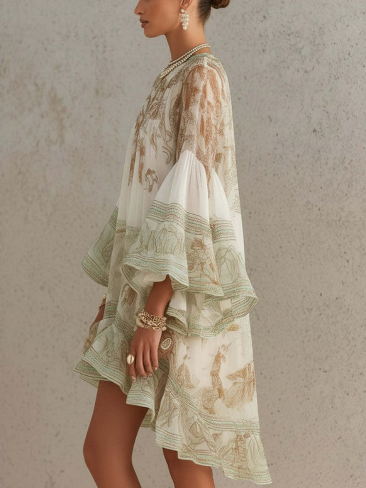 Printed Bell Sleeve Ruffle Hem Mini Dress