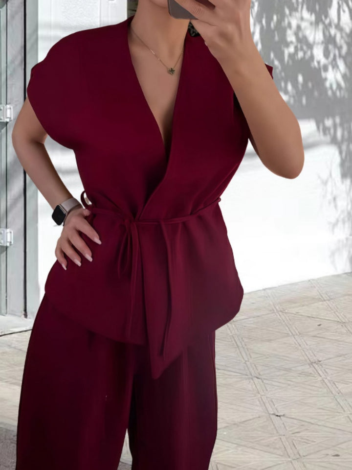V-Neck Short Sleeve Wrap Tie Waist Top &amp; Wide Leg Pants Set