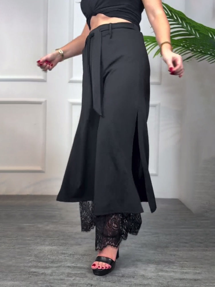 High Waisted Lace Panel Straight Leg Pants