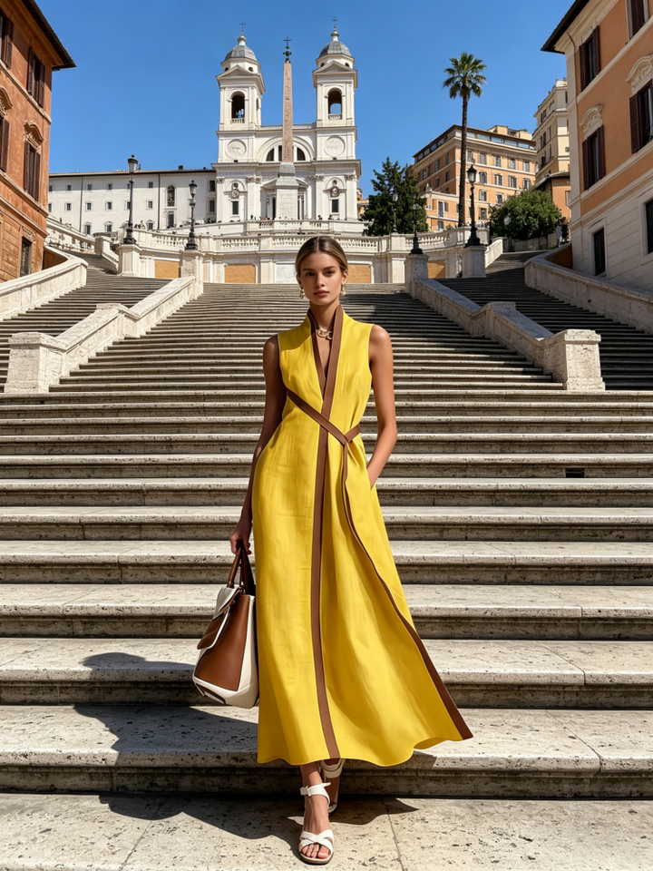 Color Block Linen-Blend Sleeveless Maxi Dress