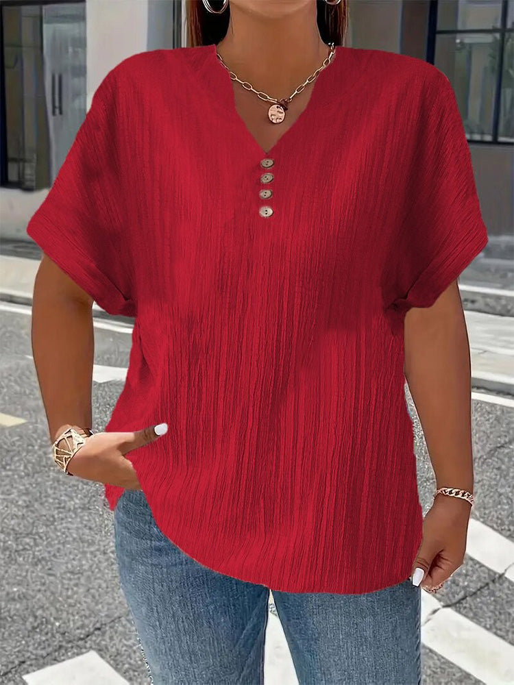 Fashionable and casual solid color button V-neck T-shirt