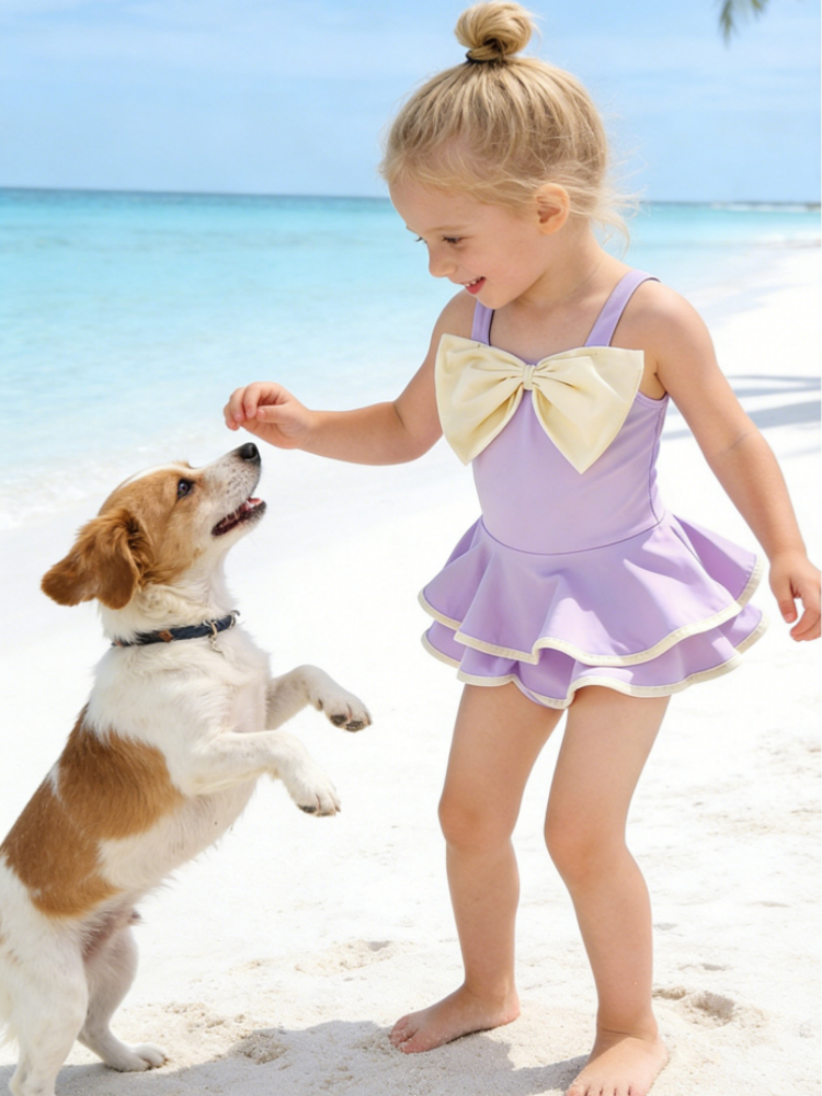 Girls Ruffle One-Piece Swimsuit – Bowknot Princess Swim Dress with Cap