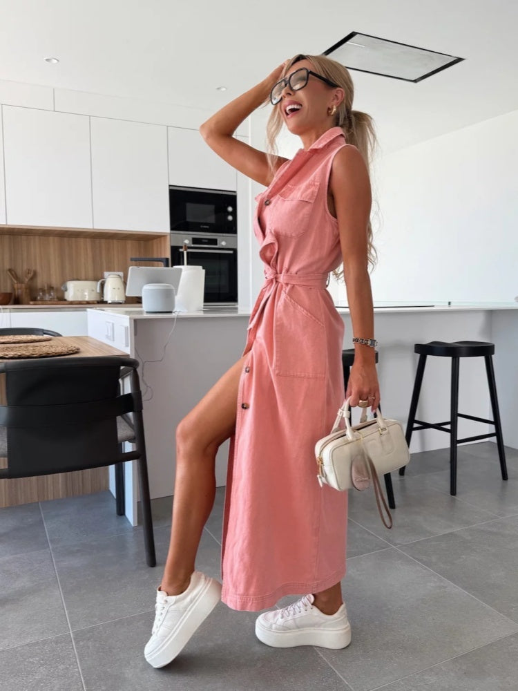 Sleeveless Button-Front Denim Maxi Dress