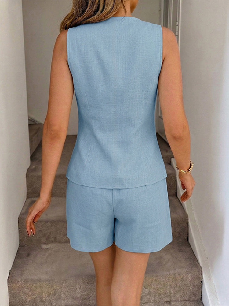 Blue faux linen V-neck vest and shorts set