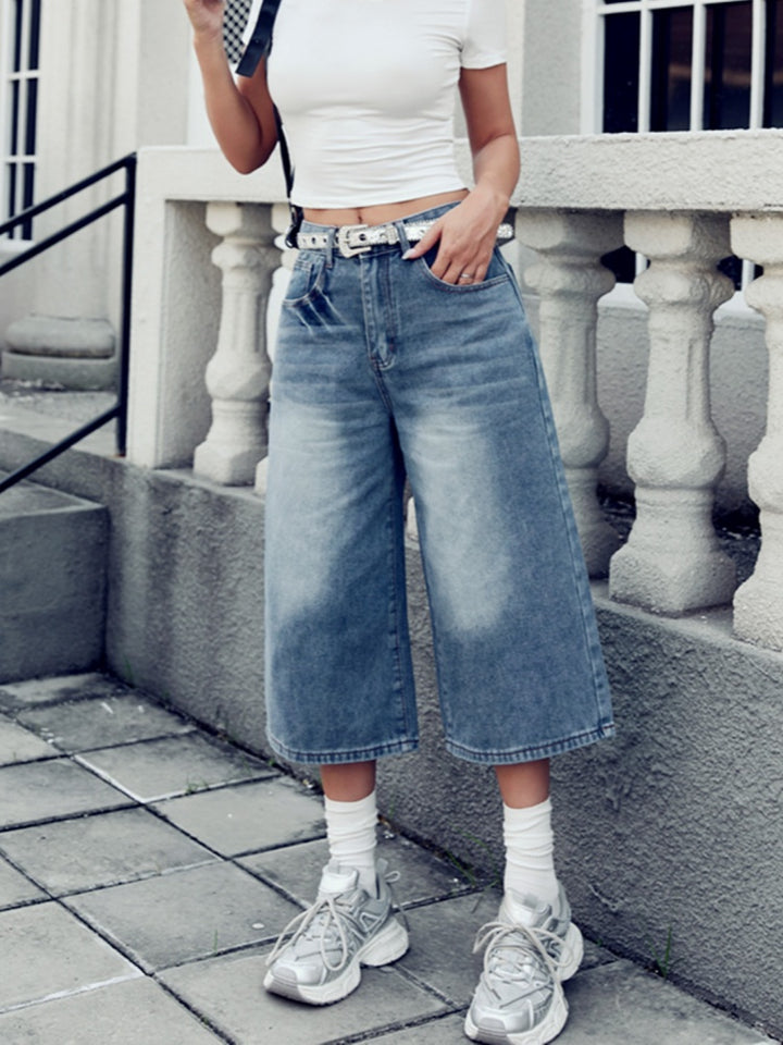 High Waist Washed Wide Leg Cropped Capri Jeans