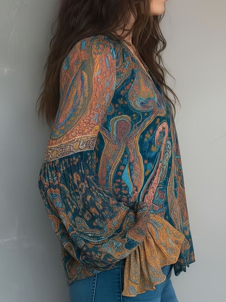 Boho Paisley Print Blouse - V-Neck Long Sleeve Flowy Top