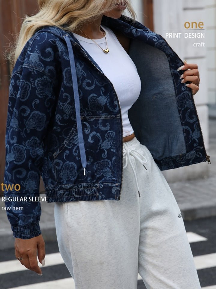 All Over Floral Jacquard Hooded Denim Zip Jacket