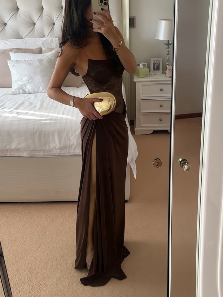 Spaghetti Strap Lace Bodice Draped Maxi Dress