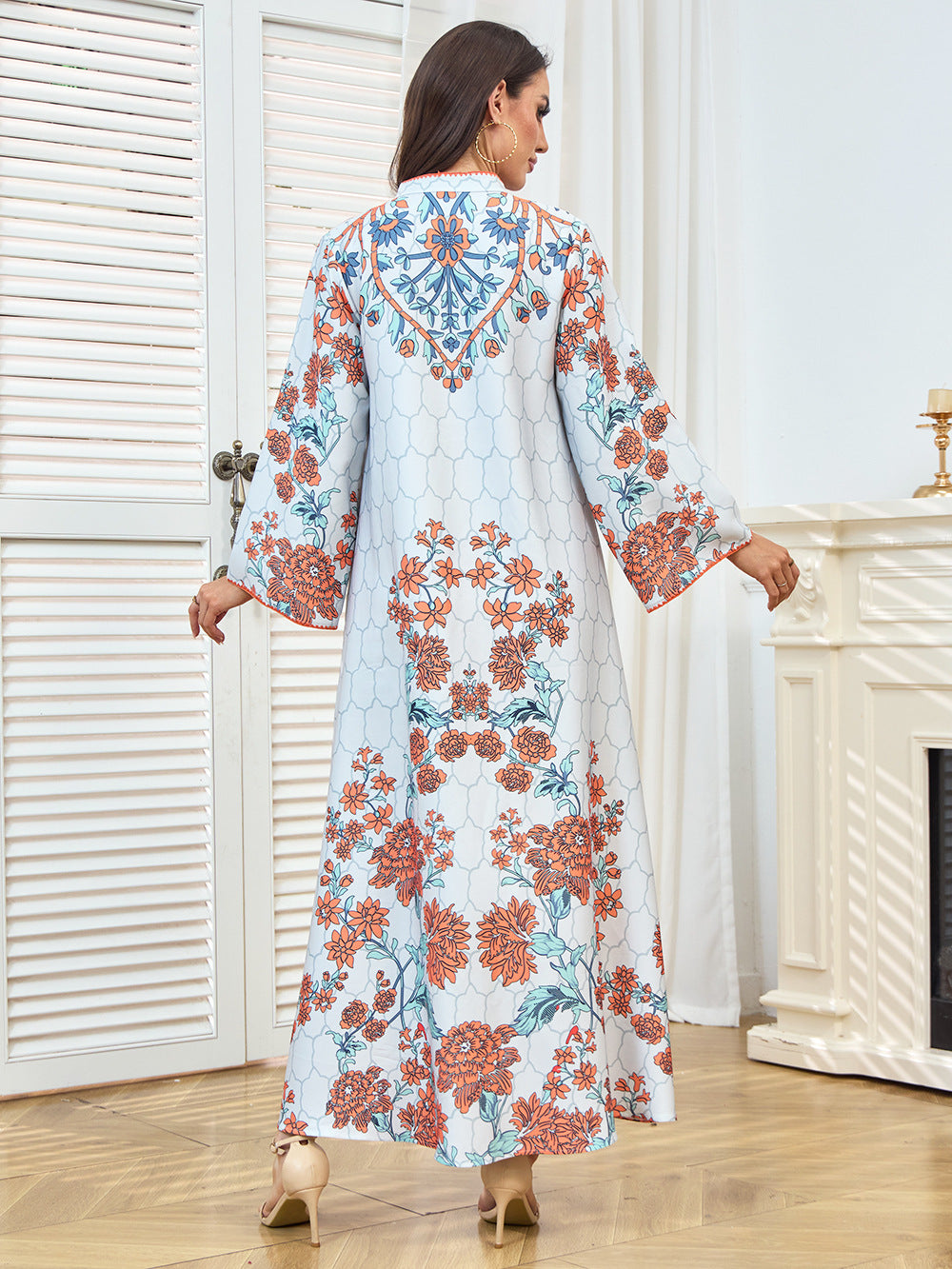 Floral Print V-Neck Maxi Abaya Dress