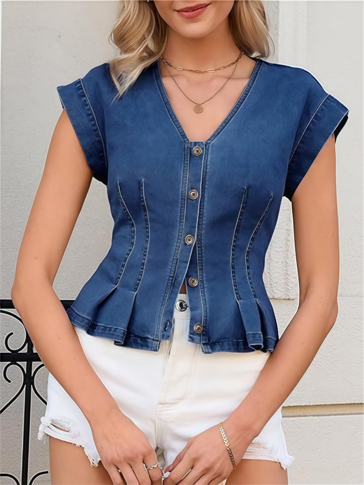 V-Neck Peplum Denim Vest - Sleeveless Button-Down Fitted Top