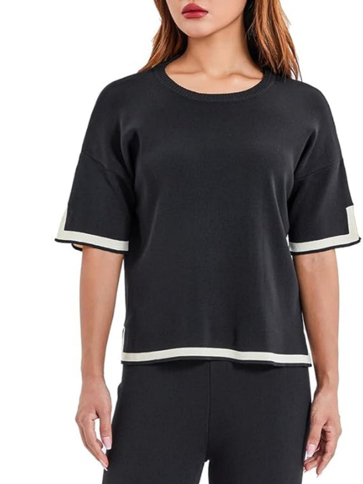 Contrast Trim Knit Short Sleeve Top &amp; Wide Leg Pants Set