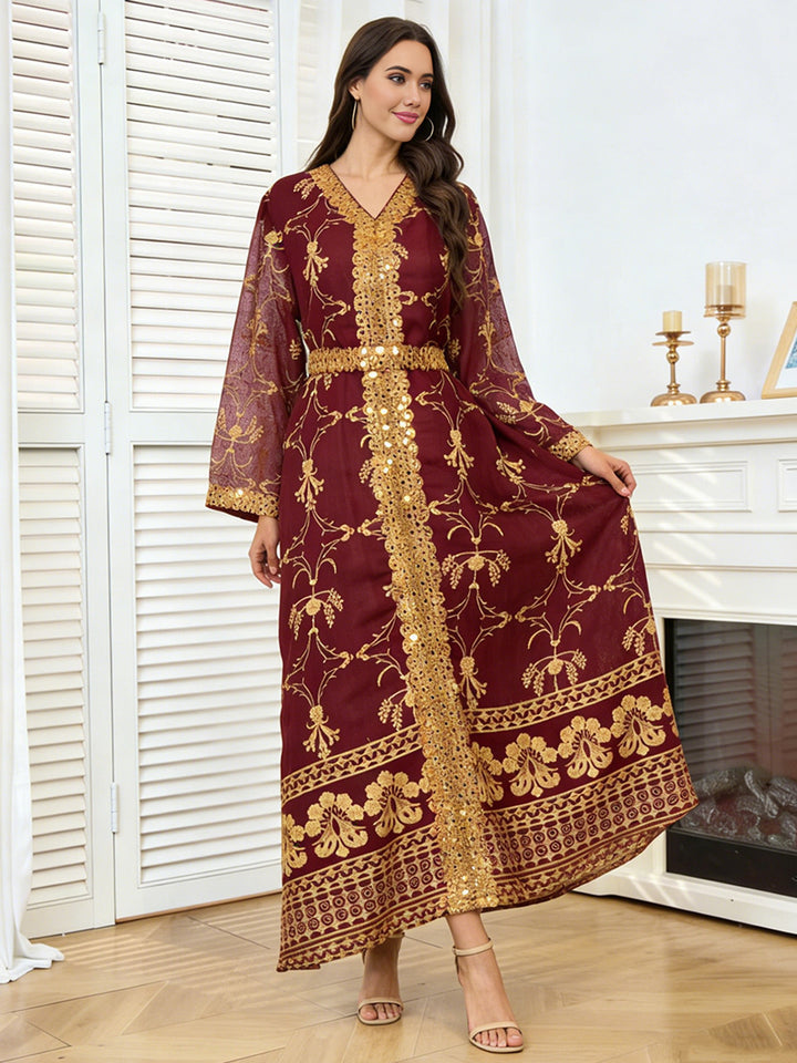 Gold Embroidered &amp; Sequin Formal Abaya Maxi Dress