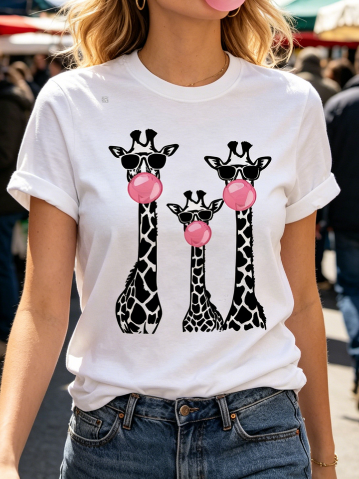Funny Giraffe Family Bubblegum Print Crew Neck T-Shirt