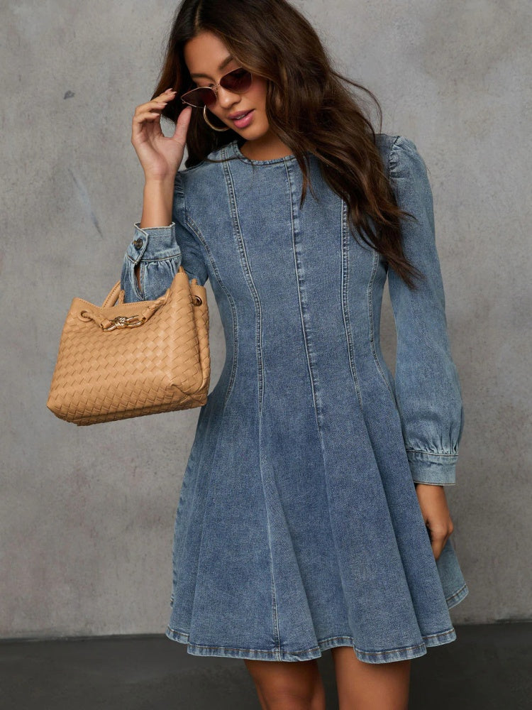 Round Neck Puff Long Sleeve Denim Mini Dress