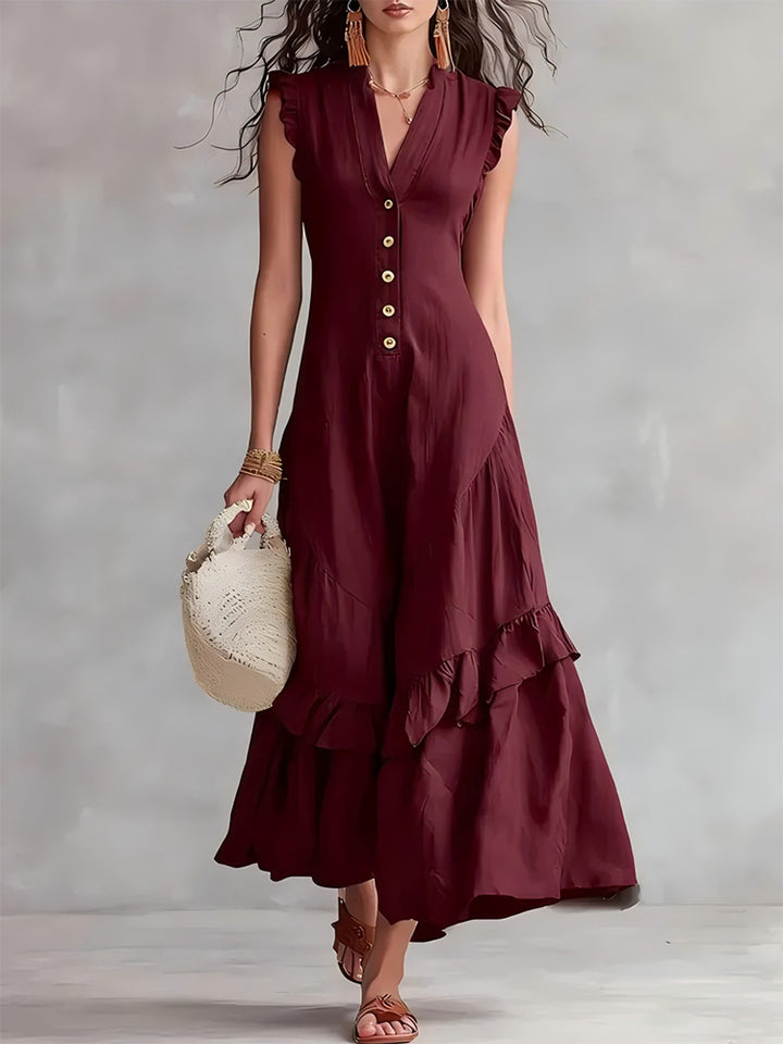 Elegant minimalist ruffled cotton linen sleeveless dress
