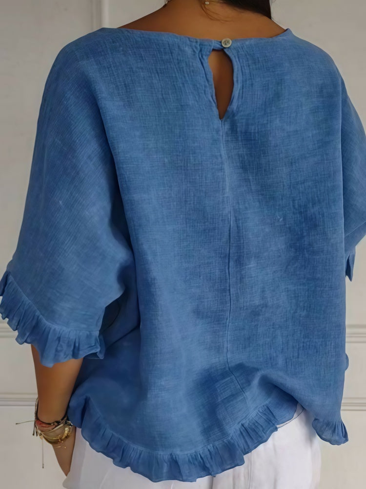 Crew Neck Ruffle Trim Short Sleeve Casual Cotton Blouse