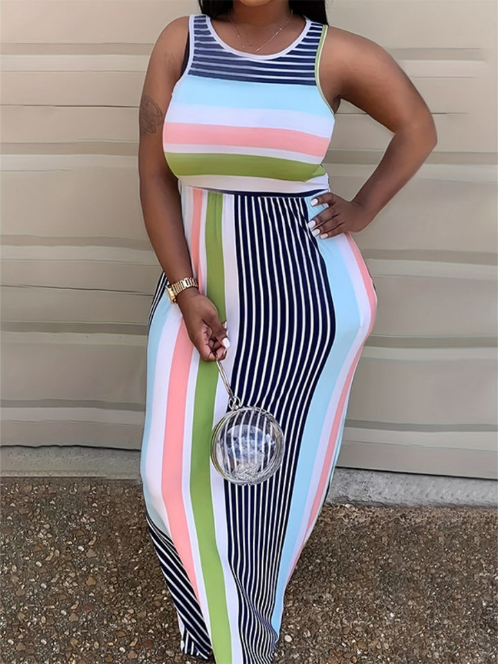 Plus Size Color Block Striped Sleeveless Maxi Dress