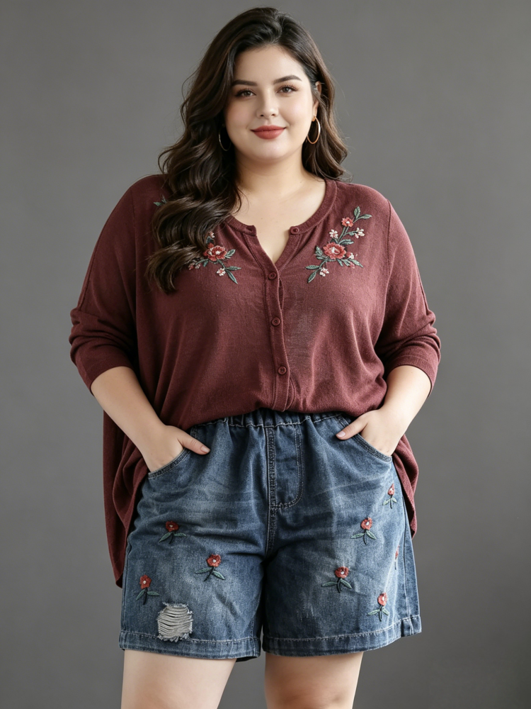 Floral Embroidered High Waisted Denim Shorts