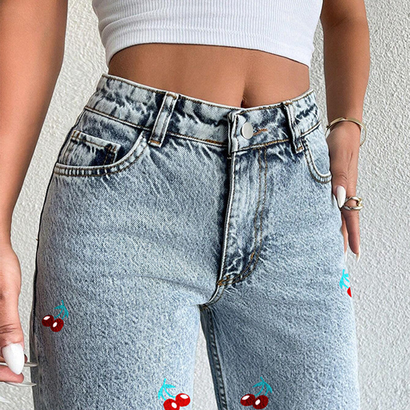 Cherry print high-waisted straight-leg jeans
