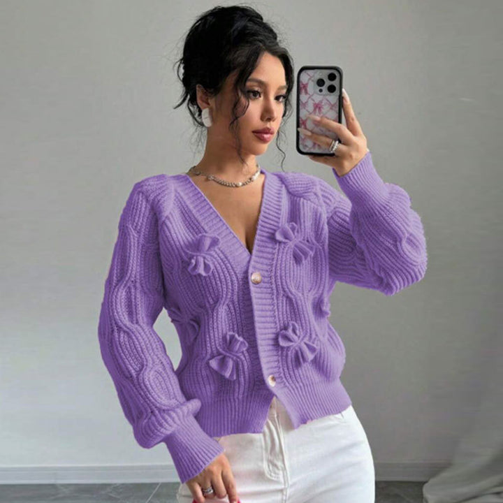 Solid color long-sleeved bow-tie knit cardigan top