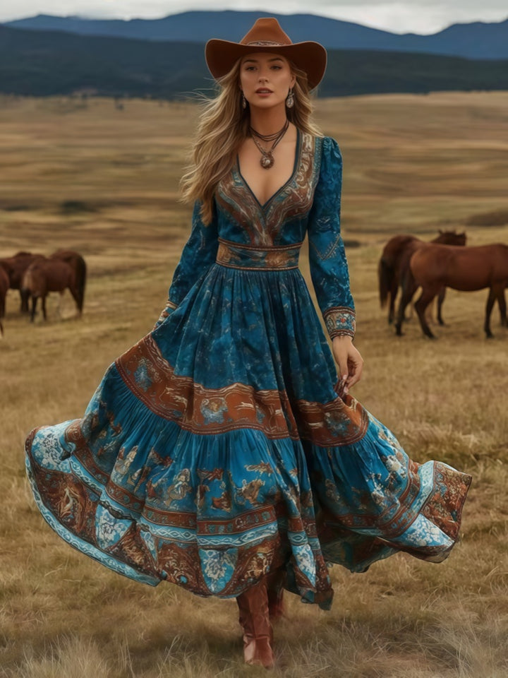 Boho Western Long Sleeve V-Neck Tiered Maxi Dress