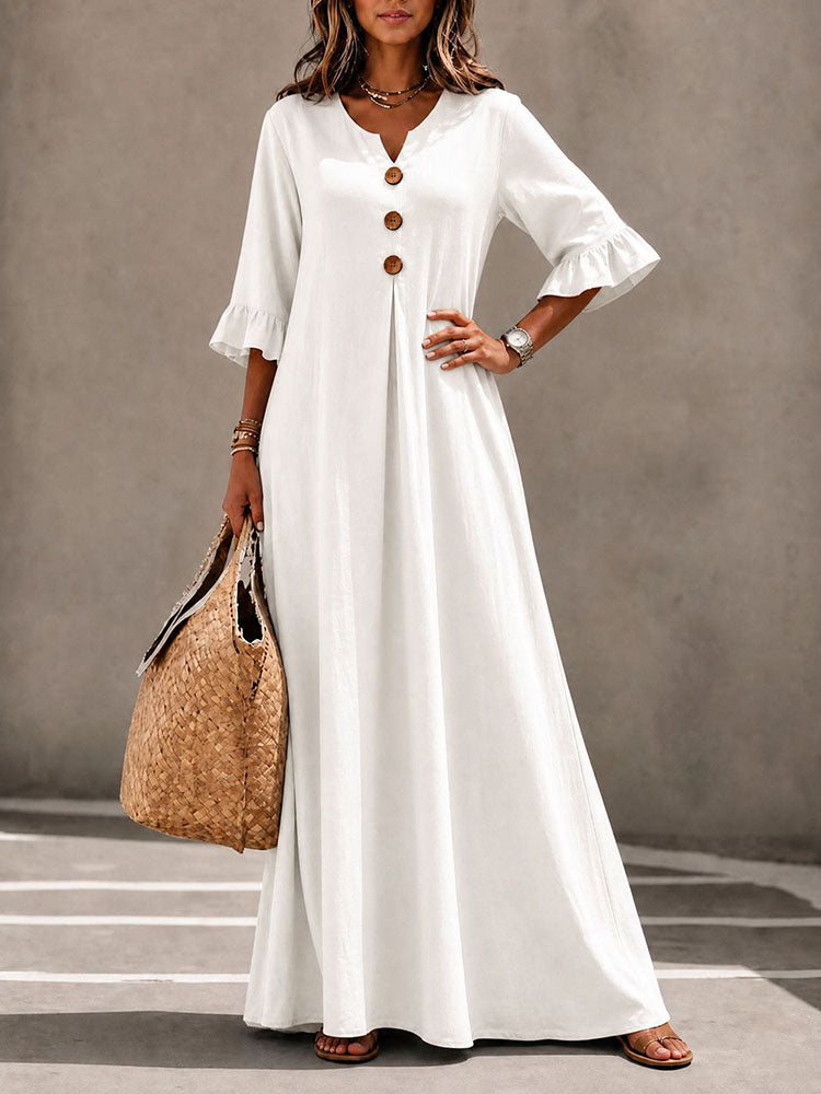 V-Neck Ruffle-Sleeve Dress with Wooden Buttons