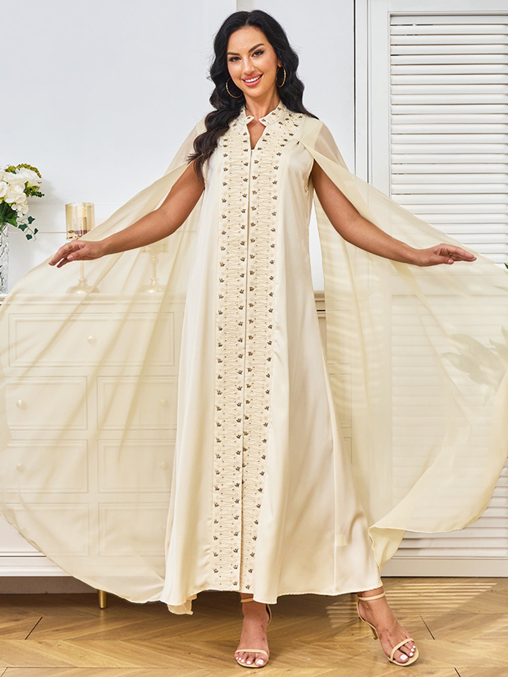 Beige Cape-Sleeve Abaya Maxi Dress with Beaded Embroidery