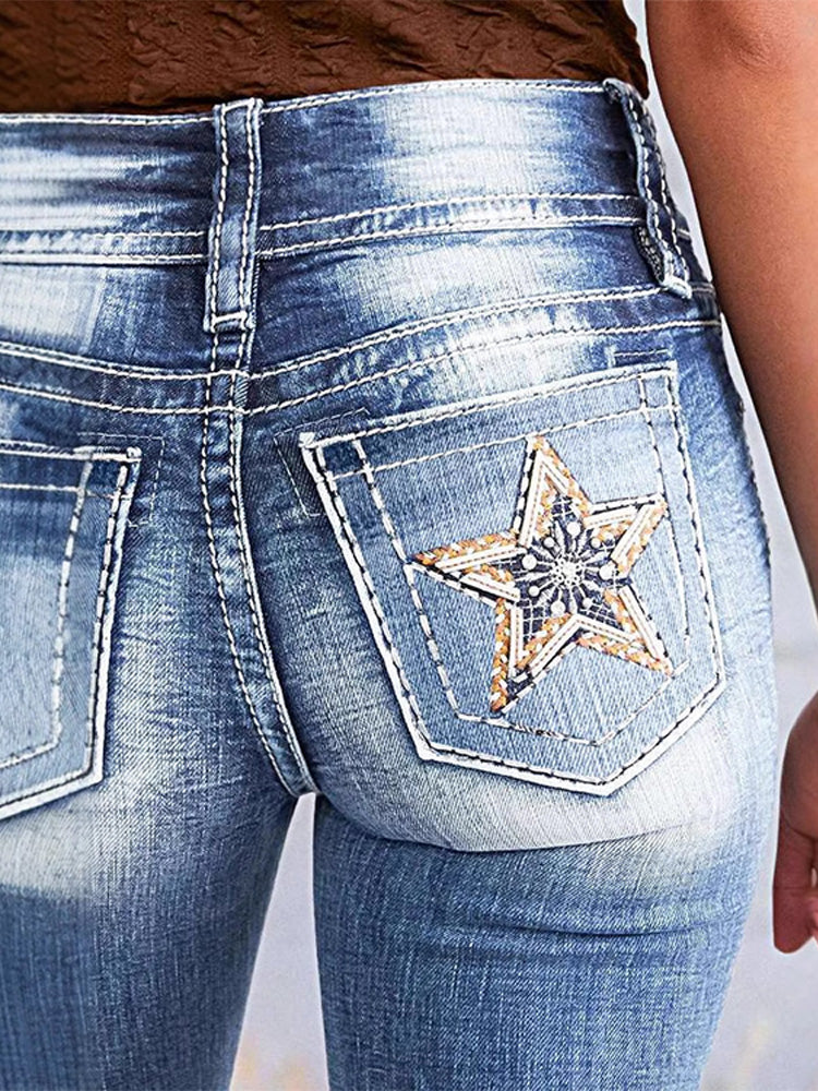 Embroidered straight-leg stretch jeans