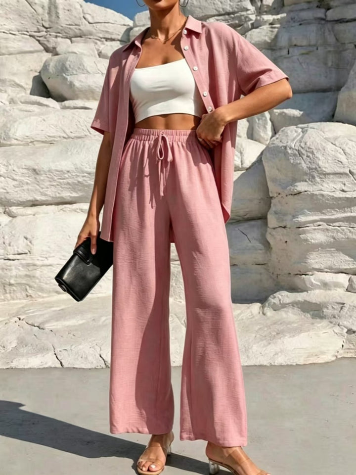 Stylish and casual solid color shirt and trousers two-piece women&