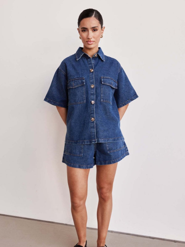 Denim Short Sleeve Shirt &amp; Elastic Waist Shorts Two-Piece Set