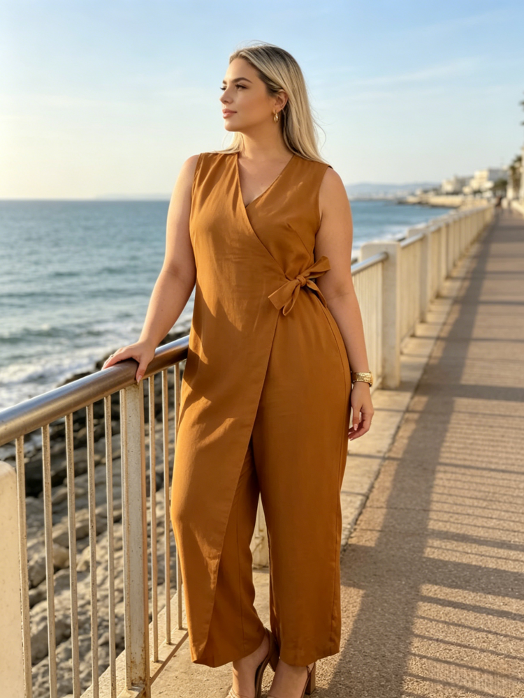 Plus Size Linen Blend Wrap Jumpsuit