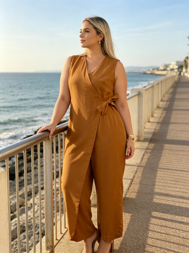 Plus Size Linen Blend Wrap Jumpsuit
