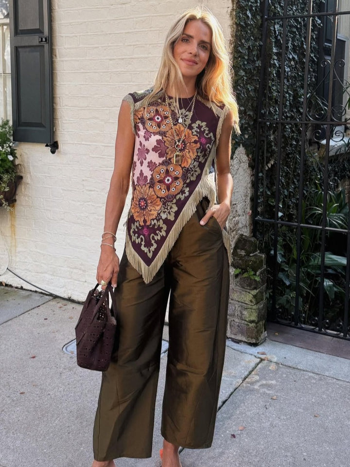 Fringed Floral Print Asymmetrical Sleeveless Top