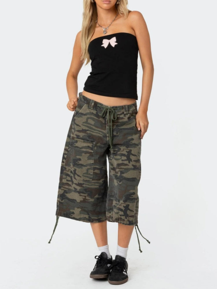 Camouflage Cargo Capri Pants | Drawstring Hem Loose Wide-Leg Shorts