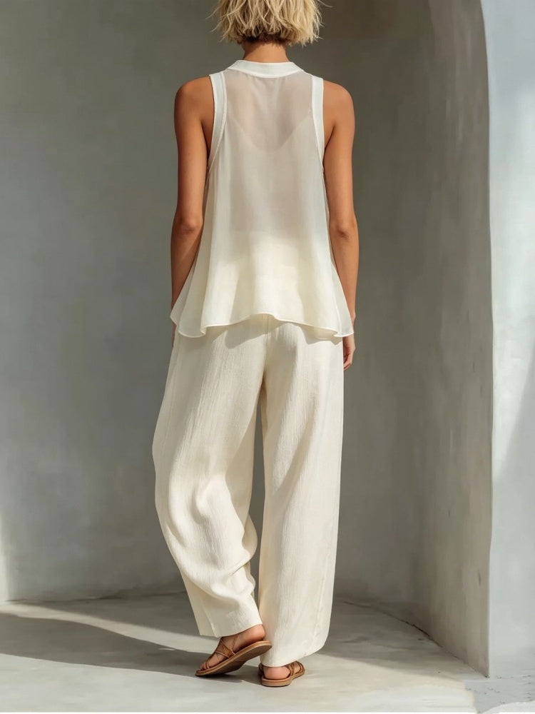 Linen Blend Sleeveless Halter Top &amp; Drawstring Wide Leg Pants Two-Piece Set