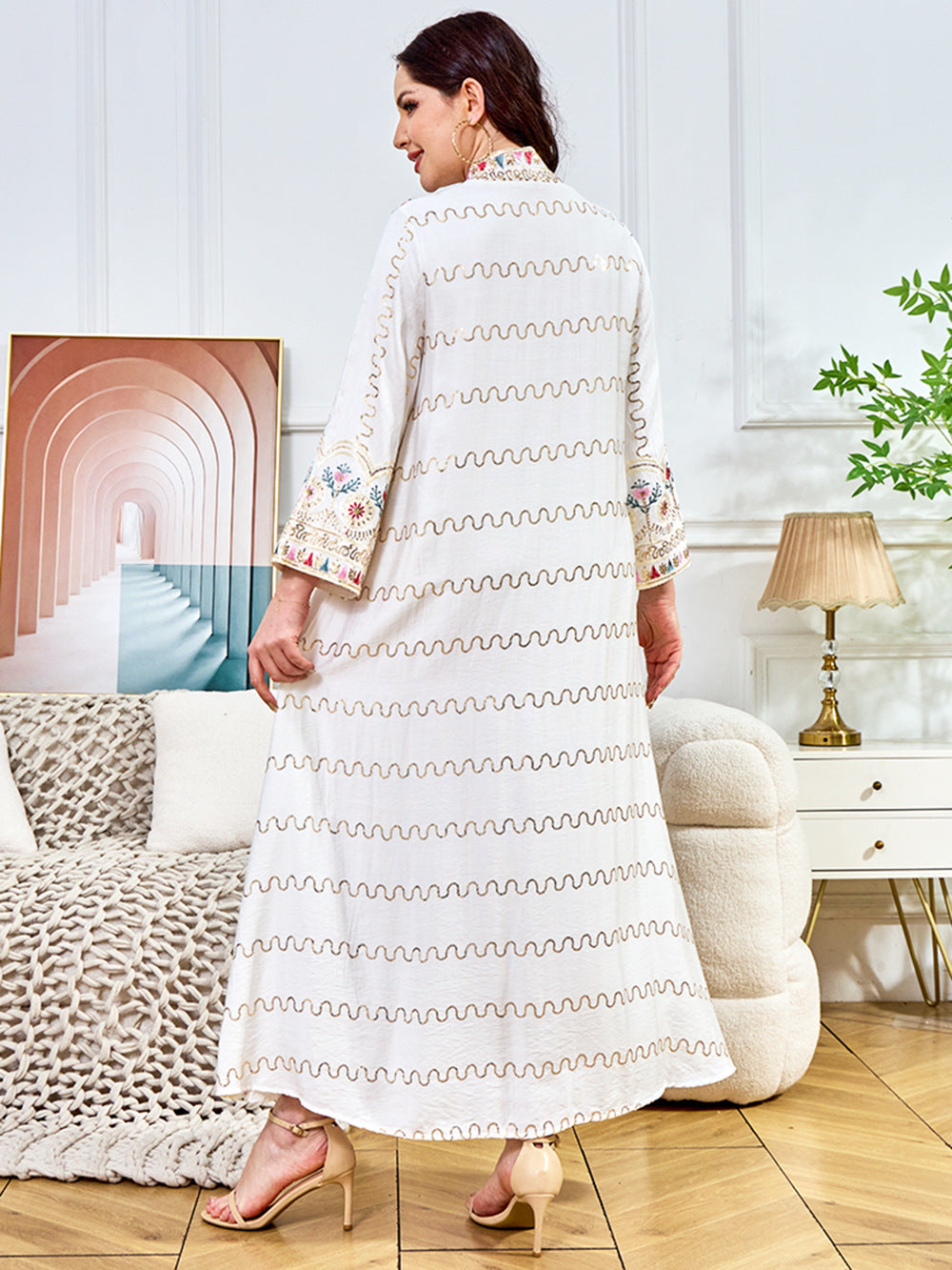 Floral Embroidered Sequin-Trimmed Abaya Maxi Dress